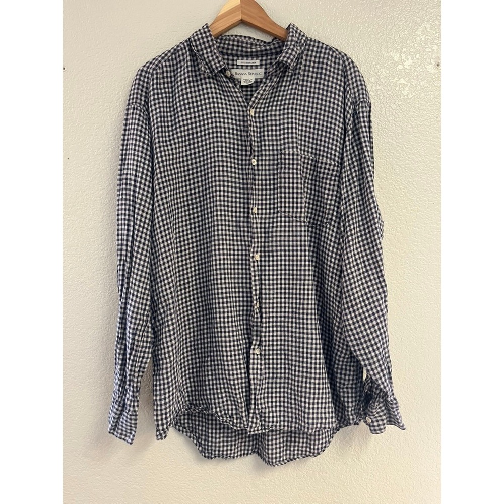 Banana Republic Mens XL 100% Irish Linen Gingham Button Down Shirt Navy White